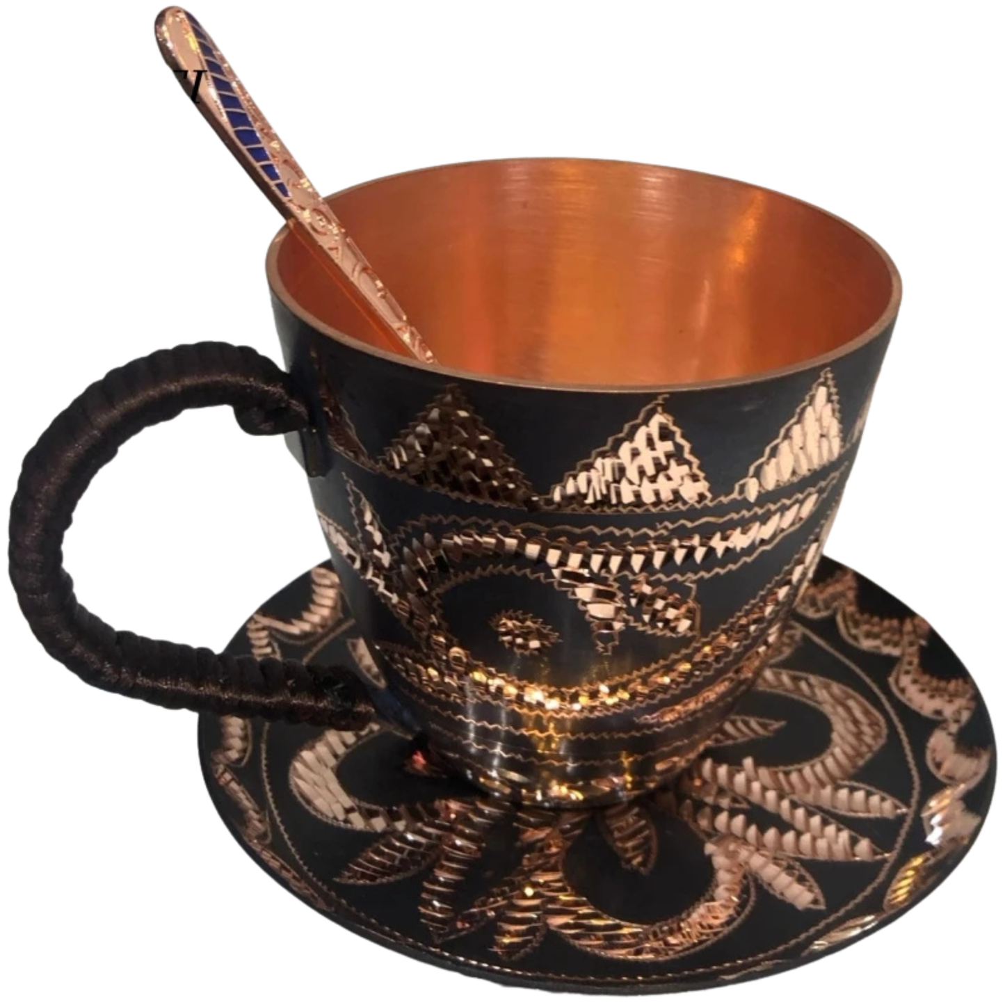 "Bloom & Brew" handcrafted copper mug with disc spoon and carved saucer — full set view — CL House