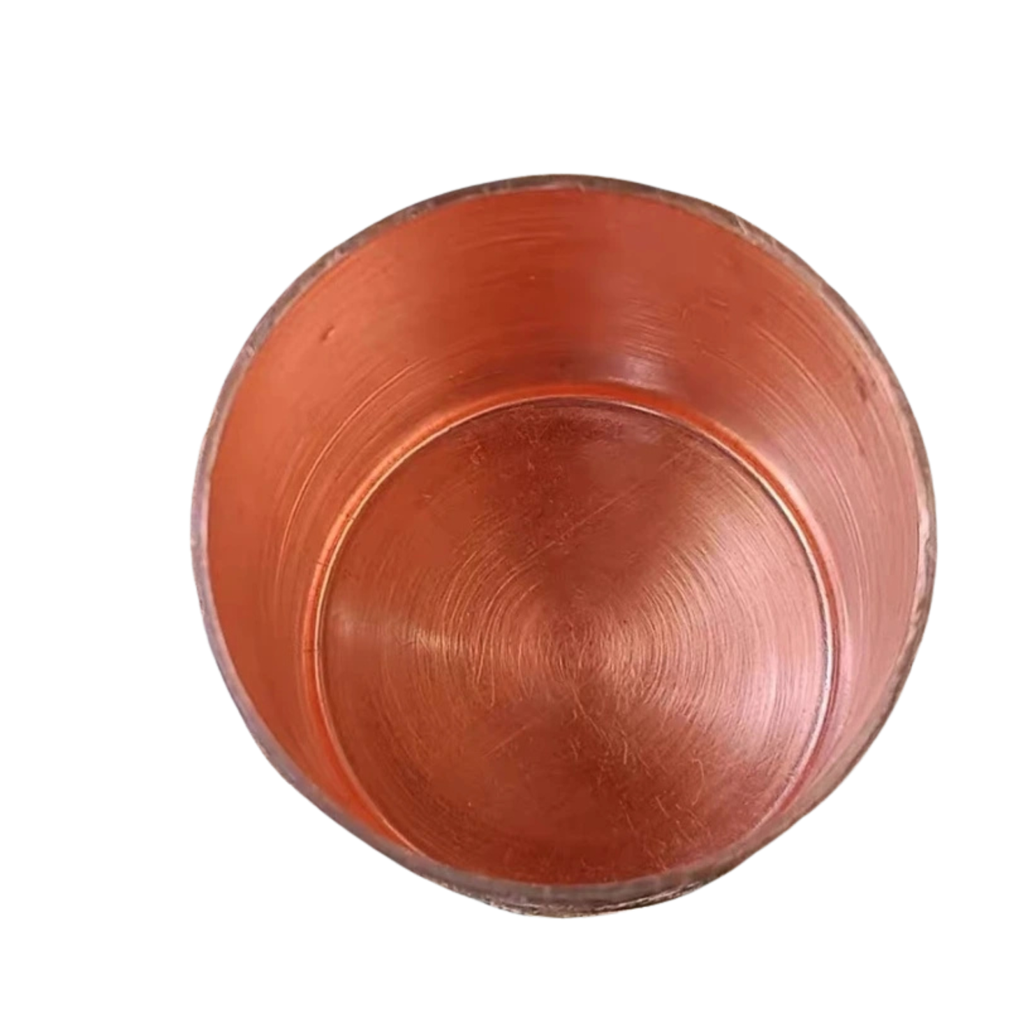 "Artisan's Mark" handcrafted copper mug held from below, full pattern detail — CL House