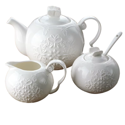(Teapot):

"White embossed bone china teapot with floral relief and sculpted handle, British style — CL House Tea Time"