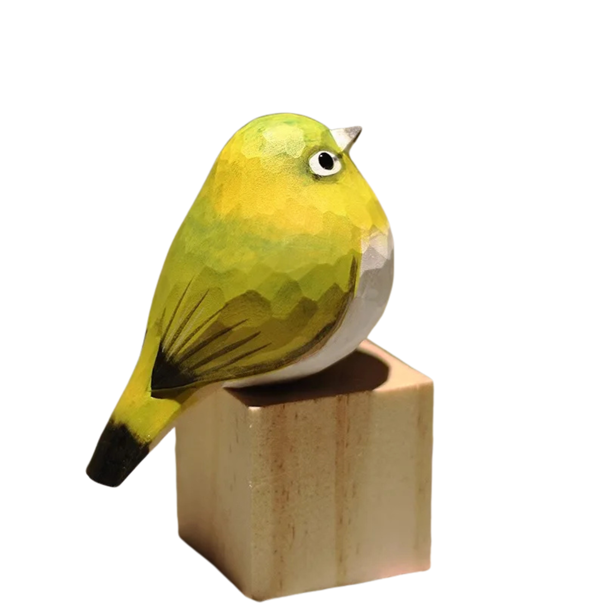 "Garden Perch" hand-carved wooden bird figurine, painted Japanese white-eye, CL House