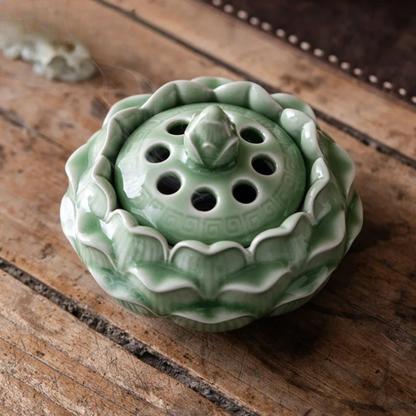 "Lotus Bloom" celadon ceramic incense burner — full view in sage green — CL House