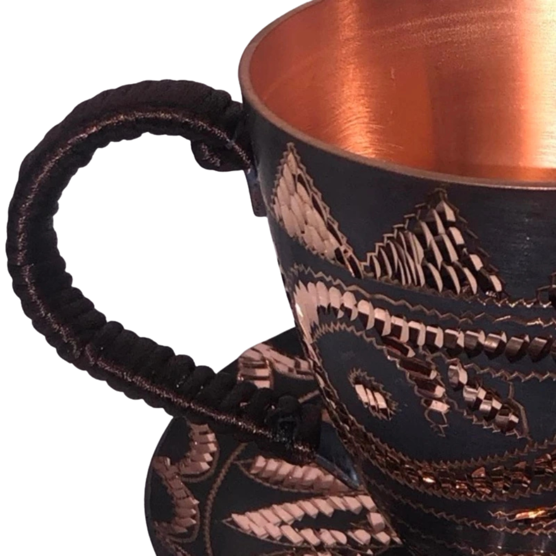Close-up of "Bloom & Brew" copper mug handle and carved floral detail — pure copper interior — CL House