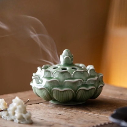 "Lotus Bloom" celadon ceramic incense burner — full view in sage green — CL House
