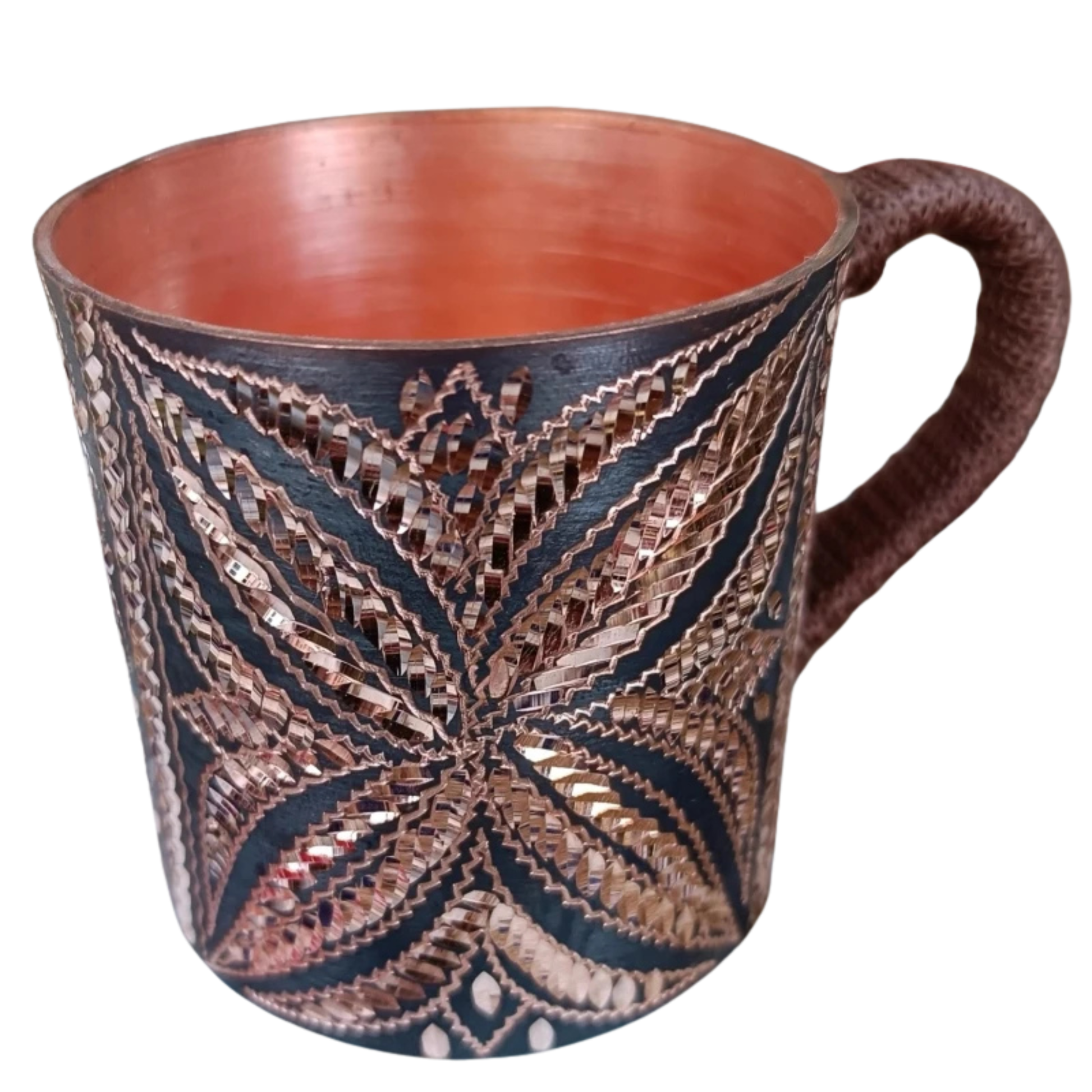 "Artisan's Mark" handcrafted copper mug, front view of unique engraved pattern — CL House