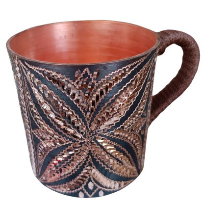 "Artisan's Mark" handcrafted copper mug, front view of unique engraved pattern — CL House