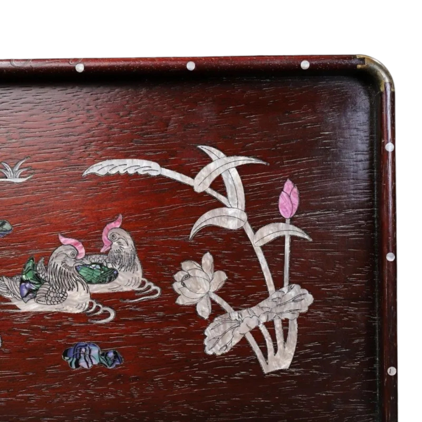 "Serene Union" solid rosewood tea tray with hand-carved iridescent shell inlay, mandarin duck motif, 36cm — CL House Tea Time