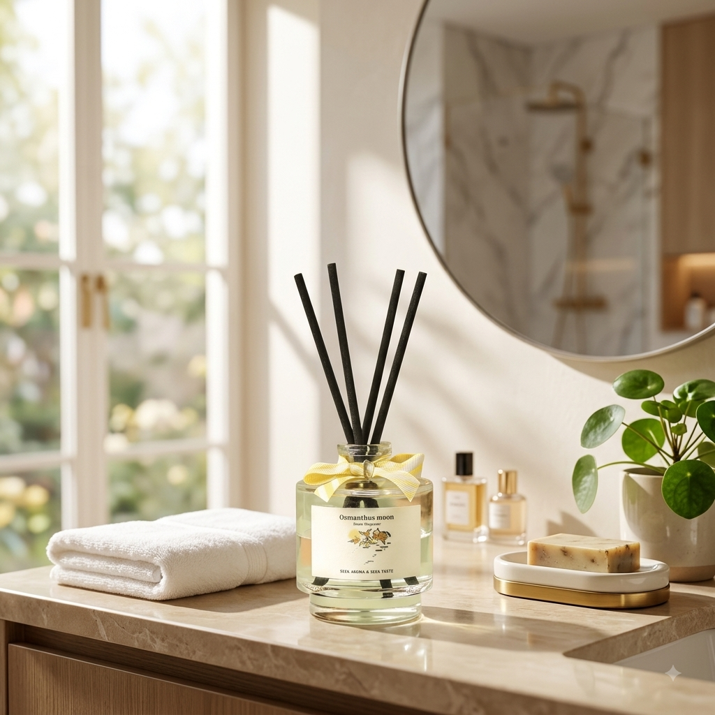 "Between Flowers" Reed Diffuser – Osmanthus Moon, glass bottle with black reeds | CL House & Home