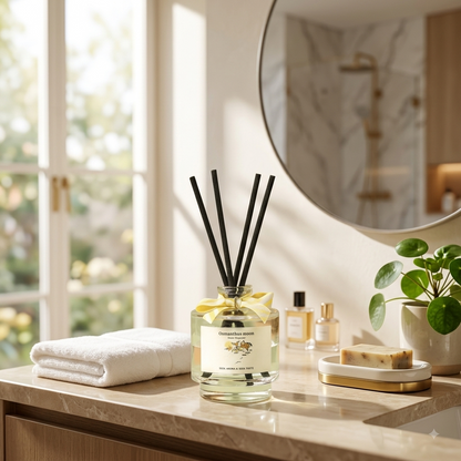 "Between Flowers" Reed Diffuser – Osmanthus Moon, glass bottle with black reeds | CL House & Home
