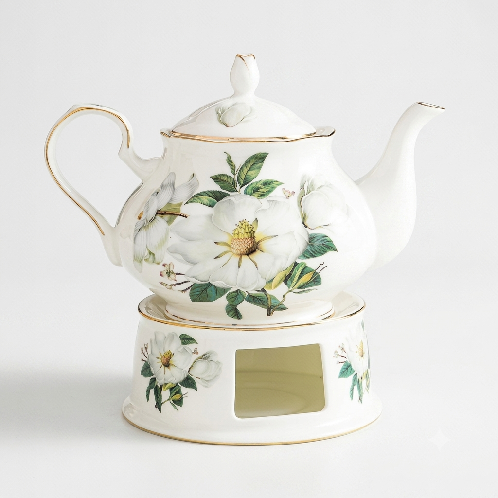 "White magnolia bone china teapot with gold trim on ceramic warmer stand, 900ml — CL House Tea Time collection"