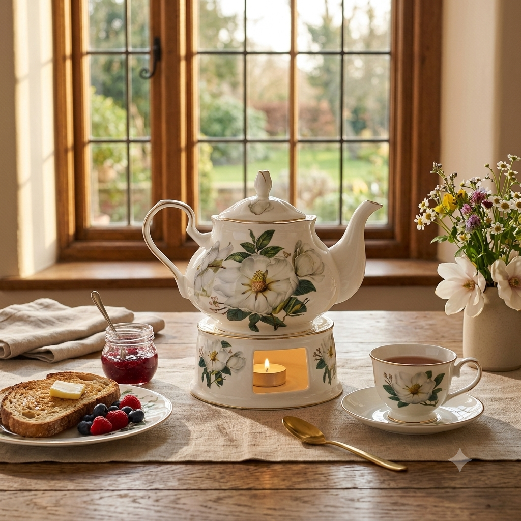 "White magnolia bone china teapot with gold trim on ceramic warmer stand, 900ml — CL House Tea Time collection"