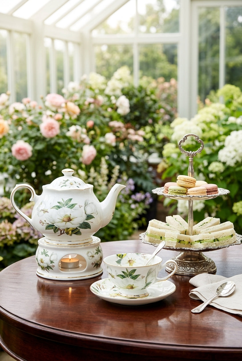 White Camellia fine bone china tea cup and teapot styled for afternoon tea in a garden conservatory — CL House & Home