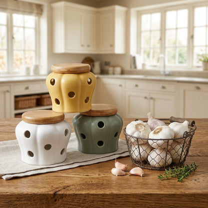 Ceramic garlic storage jars in mustard yellow, slate grey and chalk white with bamboo lids styled on a rustic kitchen countertop with fresh garlic, CL House & Home