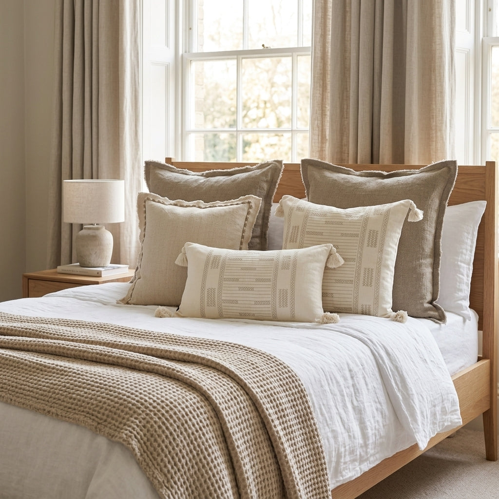  Layered bedroom styling with ivory tassel jacquard lumbar cushion and natural linen cushion covers on a wooden bed frame, styled with a knitted throw and linen curtains in warm neutral tones.