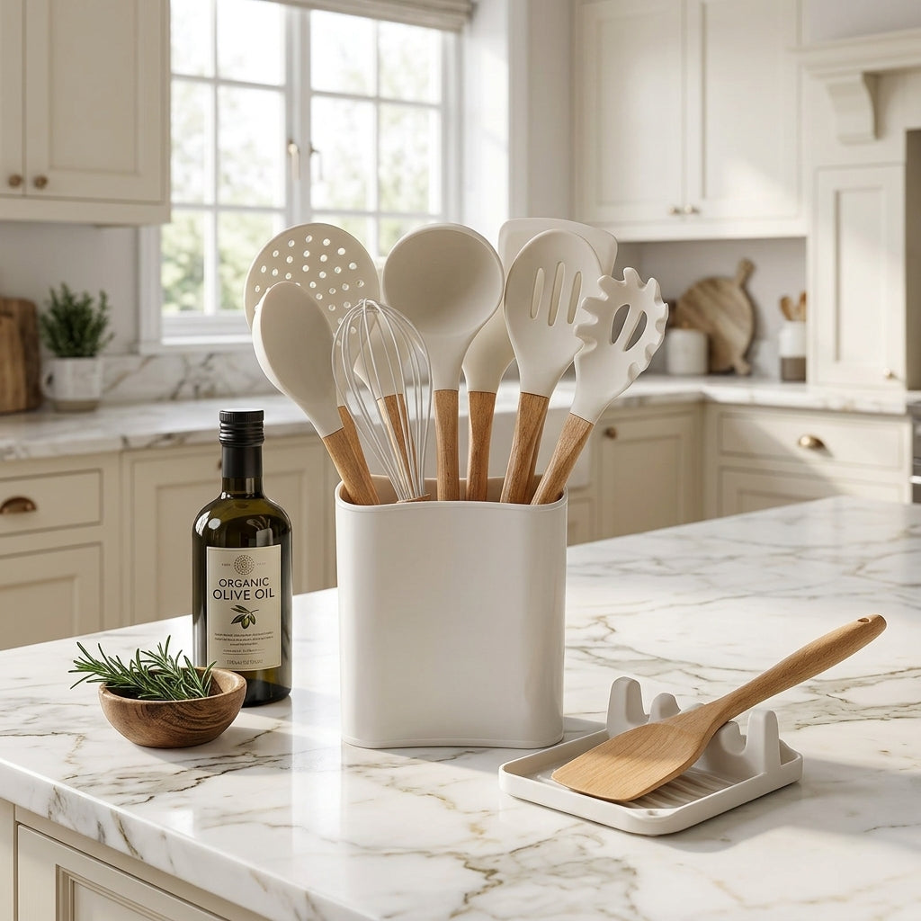 White silicone kitchen utensils set with bamboo handles in storage holder on marble kitchen island with spoon rest, olive oil bottle and fresh rosemary, CL House & Home
