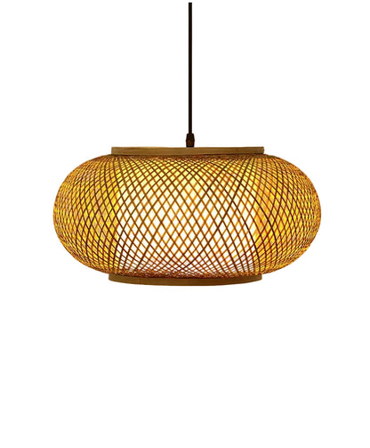 "Weave & Disc" hand-woven bamboo pendant light with open lattice disc shade glowing warm amber light, black cord, neutral beige background
