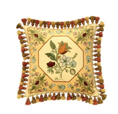 Vitality" botanical embroidery cushion cover in golden yellow with octagon floral centrepiece and multicolour tassels — CL House & Home