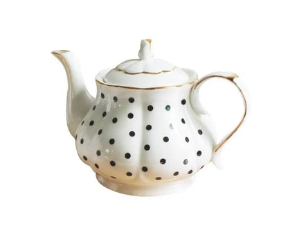 "White bone china teapot with black polka dots and gold trim, 860ml — CL House Tea Time collection"