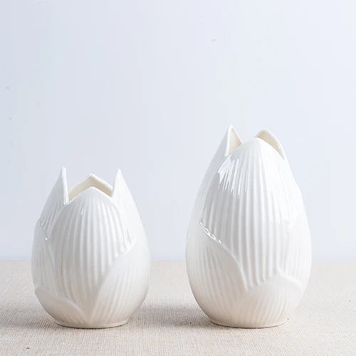 "Petal Bloom" Ceramic Lotus Vase — Set of two, Small size, styled together on linen surface