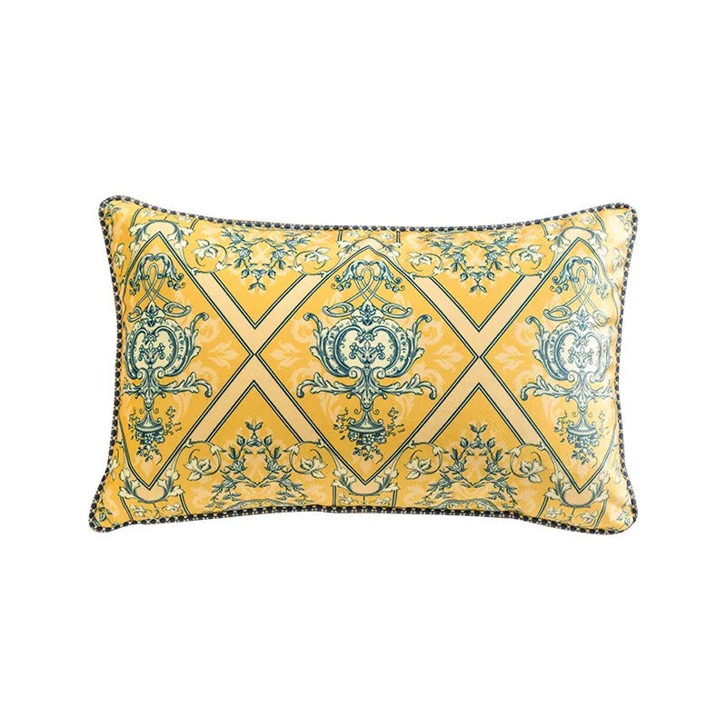 Velvet lumbar cushion cover, Baroque Lattice design — golden yellow ground with teal diamond lattice pattern, baroque urns and floral ornaments, dark piping trim