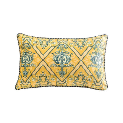  Velvet lumbar cushion cover, Baroque Lattice design — golden yellow ground with teal diamond lattice pattern, baroque urns and floral ornaments, dark piping trim