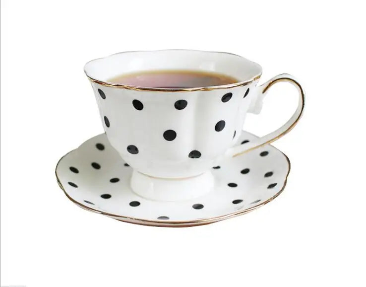 "White bone china teacup and saucer with black polka dots and gold handle, 200ml — CL House"
