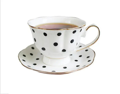 "White bone china teacup and saucer with black polka dots and gold handle, 200ml — CL House"