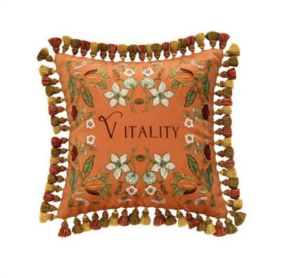 "Vitality" botanical embroidery cushion cover in terracotta with white floral motifs and multicolour tassels — CL House & Home