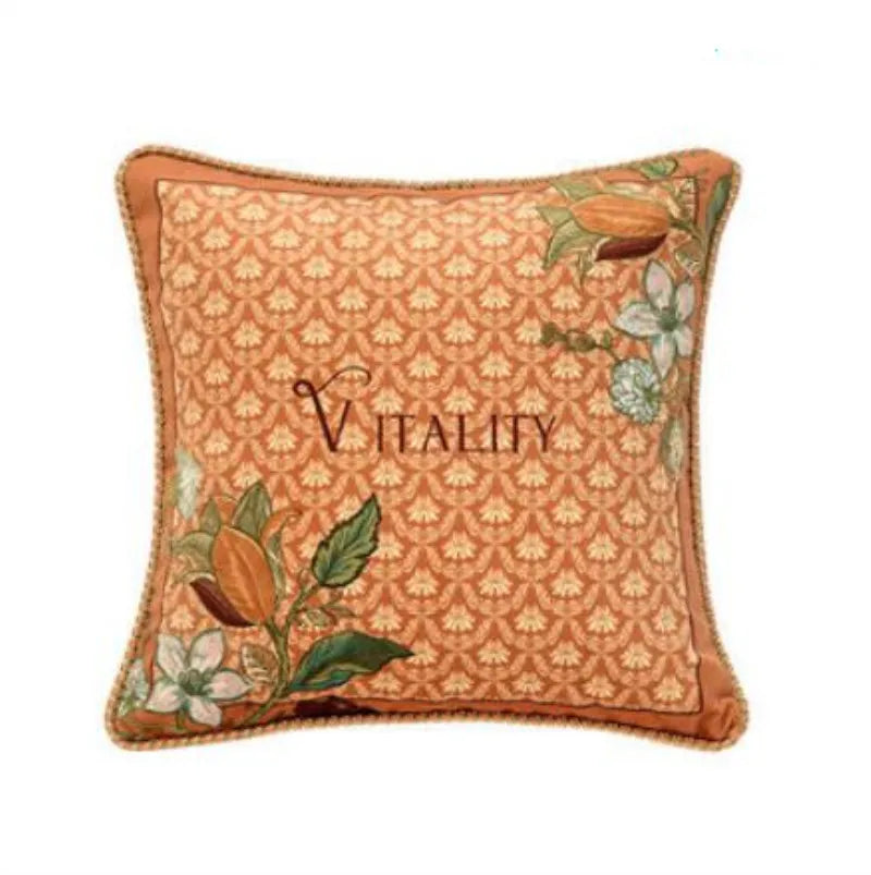 "Vitality" botanical cushion cover in terracotta with geometric damask pattern and corner floral embroidery — CL House & Home