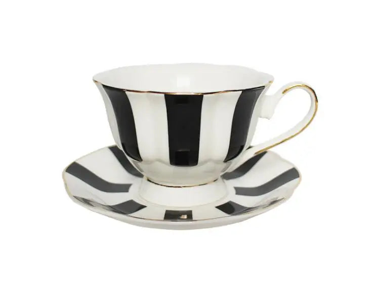 
"White bone china teacup and saucer with black stripes and gold handle, 200ml — CL House"
