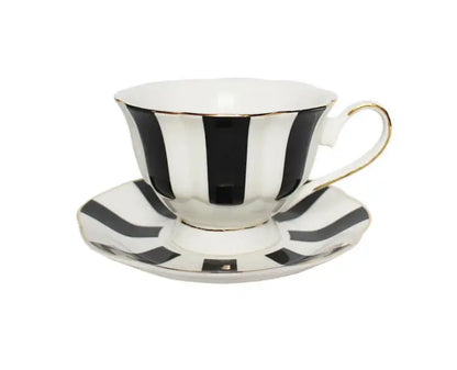 
"White bone china teacup and saucer with black stripes and gold handle, 200ml — CL House"
