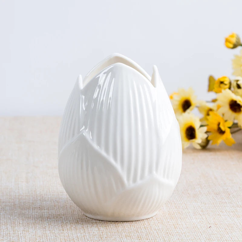 "Petal Bloom" Ceramic Lotus Vase — Large size, single, white ceramic with dried branches