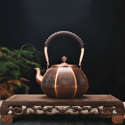 "Dynasty Forge" octagonal copper kettle on wooden display stand with teacups — CL House