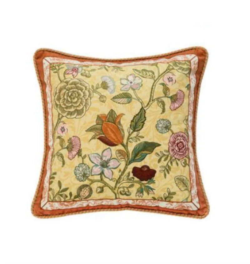 "Vitality" botanical embroidery cushion cover in golden yellow with climbing roses and floral motifs, terracotta border — CL House & Home