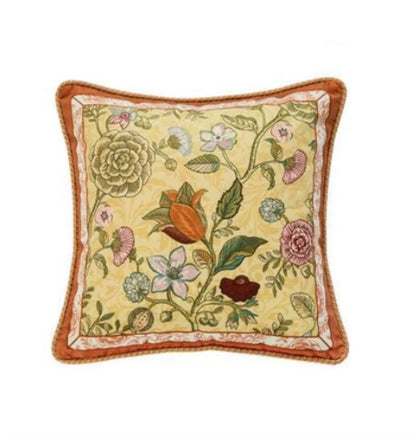 "Vitality" botanical embroidery cushion cover in golden yellow with climbing roses and floral motifs, terracotta border — CL House & Home