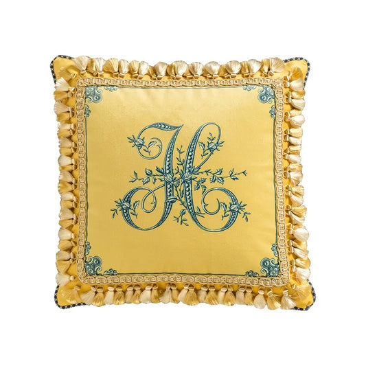  Velvet cushion cover, Golden Monogram design — golden yellow ground with teal floral monogram "H" embroidery, ruffled satin border and gold tassel trim