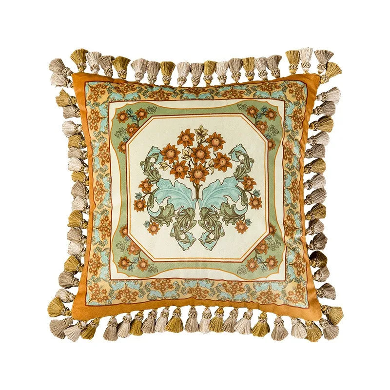  "Golden Bloom" baroque velvet cushion cover — warm gold ground with octagonal medallion, sunflower bouquet and teal acanthus print, champagne and gold tassels all around, 45×45cm — CL House