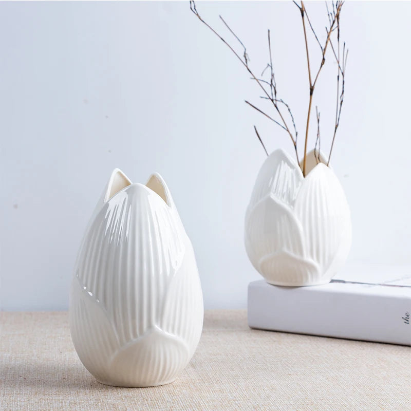 "Petal Bloom" Ceramic Lotus Vase — Set of two, Small size, styled together on linen surface