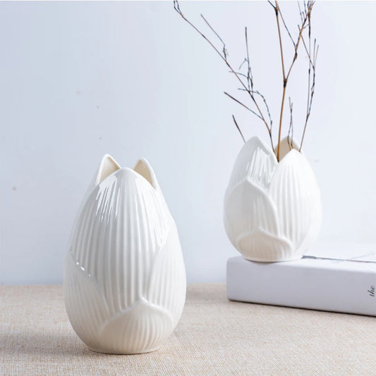 "Petal Bloom" Ceramic Lotus Vase — Set of two, Small size, styled together on linen surface
