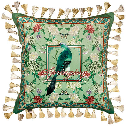 "Garden Silk" velvet cushion cover, Springing with tassels — sage green ground with turquoise long-tailed bird in central framed panel, "Springing" script, dark green diamond border, chrysanthemums and peonies, gold and cream