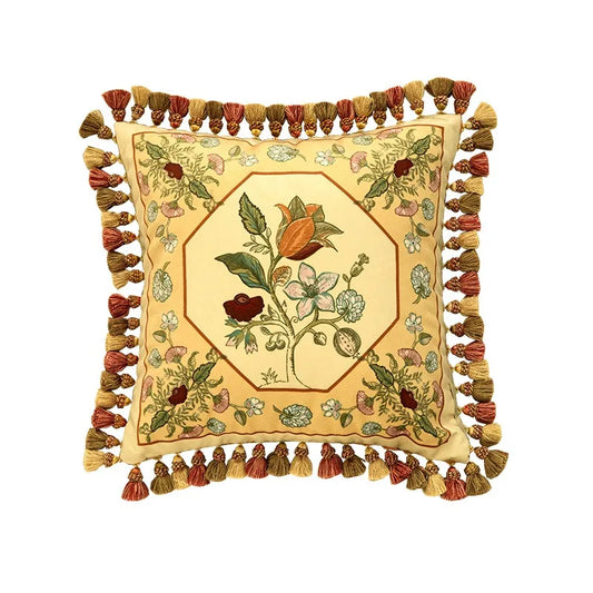  "Amber Tulip" baroque velvet cushion cover — soft yellow ground with octagonal medallion, tulip and rose botanical print, multicolour terracotta and gold tassels all around, 45×45cm — CL House