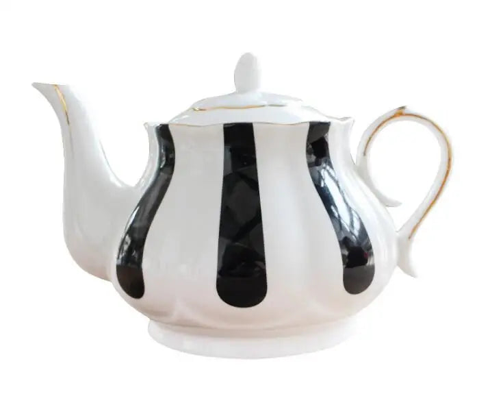 "White bone china teapot with black stripes and gold trim, 860ml — CL House Tea Time collection"