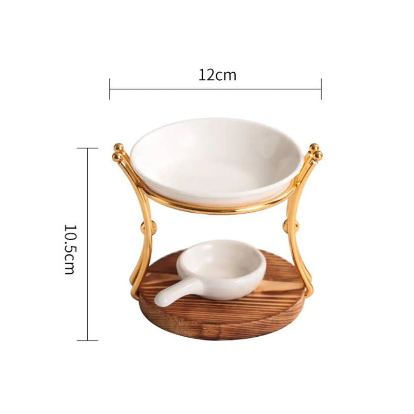 "Golden Arch" Ceramic Oil Burner – gold arch frame, white ceramic dish and wood base | CL House