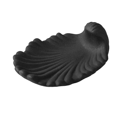  Midnight black matte ceramic shell soap dish, angled view on white background showing ridged scallop texture and matte finish