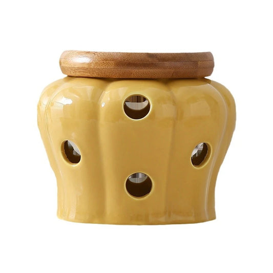 Mustard yellow ceramic garlic and ginger storage jar with pumpkin shape and natural bamboo lid, CL House & Home