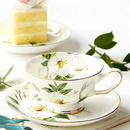 "White Camellia" fine bone china tea cup styled with afternoon tea and lemon cake — CL House & Home