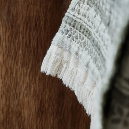 Close-up of white cotton fringe trim and jacquard woven texture detail on the Sage Bloom cotton throw blanket