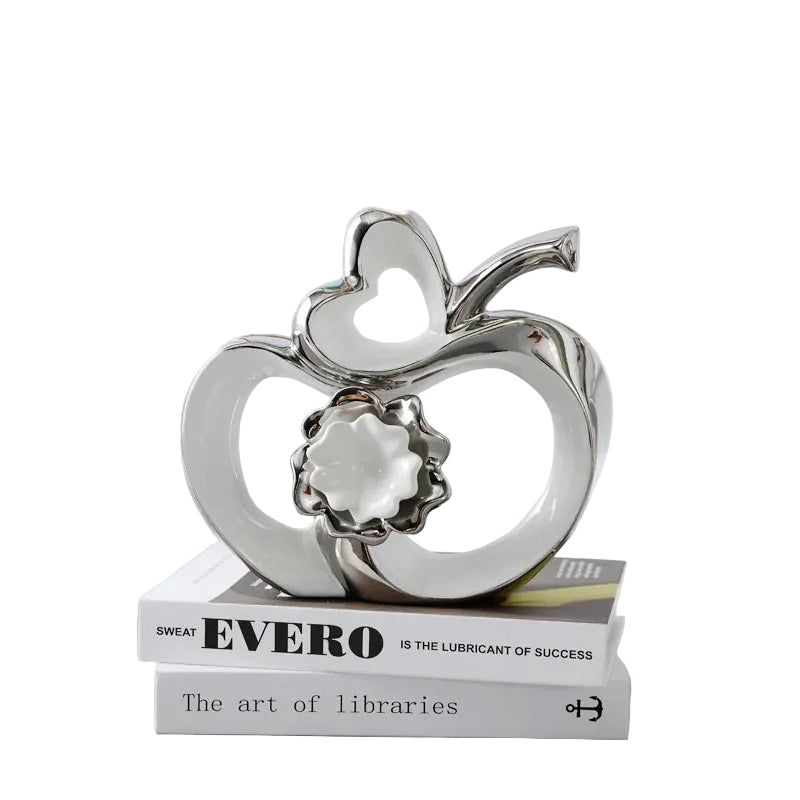 "Golden Heart" sculpted ceramic apple, white, metallic home décor ornament, CL House