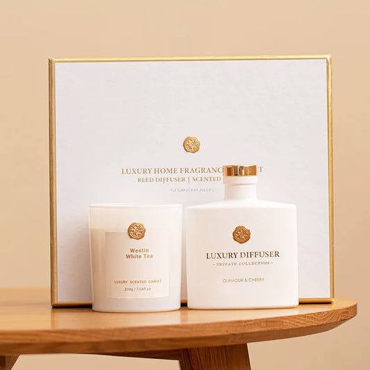 Glamour & Cheery Westin White Tea luxury fragrance gift set — white and gold gift box