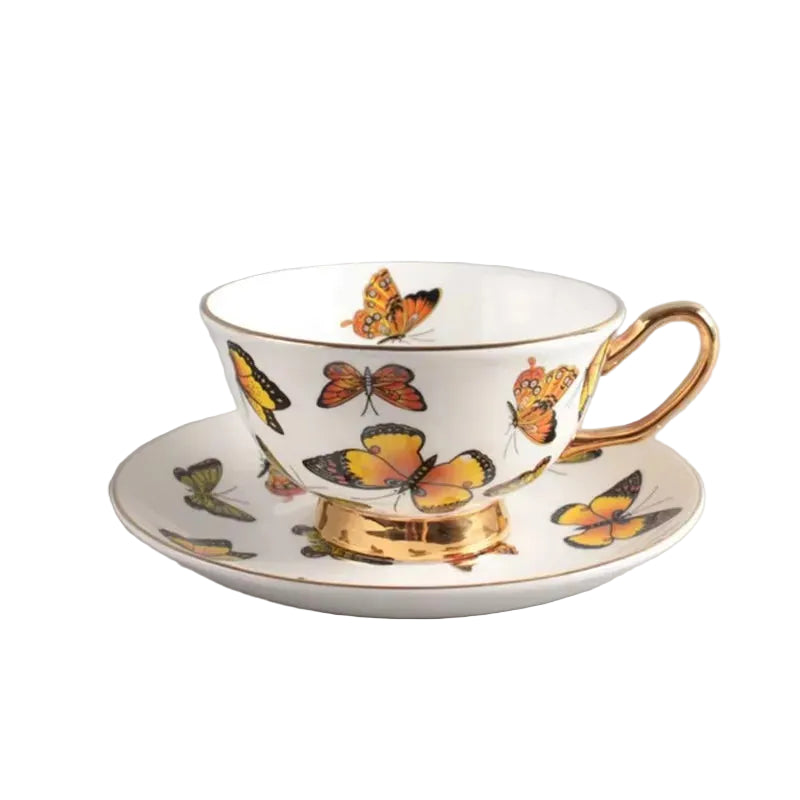 White bone china teacup and saucer with butterflies  and gold  — CL House Tea Time"
