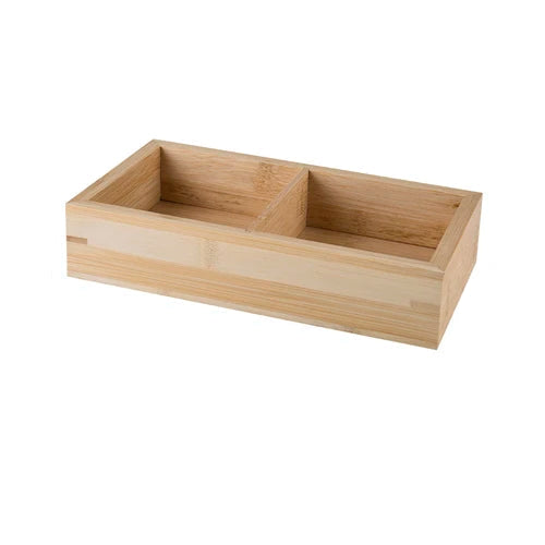  Natural bamboo rectangular tray with two wide compartments, white background — 2 Sections variant of the Bamboo Grid Serving & Organiser Tray by CL House